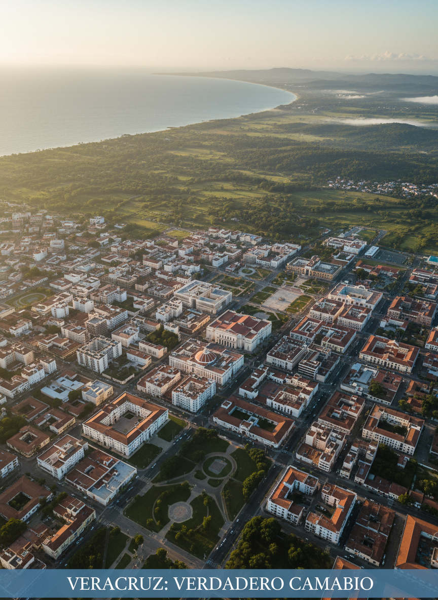 A sweeping aerial view of the Veracruz coastline at sunrise, with the city’s urban grid transitioning into lush green rural landscapes and the deep turquoise Gulf of Mexico extending to the horizon. Key government buildings and civic plazas are visible as clean, well-maintained structures with neutral façades and orderly streets radiating out. Golden morning light bathes the scene, picking out rooftops and casting long, soft shadows, while a light mist softens distant hills. Shot in photographic realism from a high, slightly angled perspective, the composition emphasizes the scale and diversity of the territory. The mood is hopeful and forward-looking, suggesting a state ready for verdadero cambio, with a calm, professional atmosphere suitable for an institutional political site.
