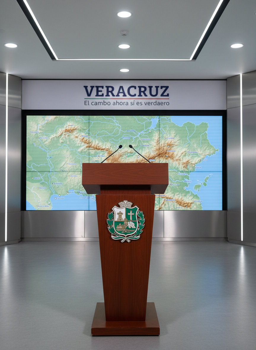 A polished wooden podium adorned with the official coat of arms of Veracruz in rich emerald, gold, and white enamel, standing in front of a large, high-resolution map of the state in muted tones. The setting is a modern government press room with clean architectural lines, brushed metal accents, and a backdrop featuring the word “Veracruz” in bold, professional typography and the slogan “El cambio ahora sí es verdadero” subtly integrated. Soft, even studio lighting illuminates the podium and emblem, casting delicate, controlled shadows, while the background remains slightly blurred. Captured at eye level with photographic realism, the composition centers the podium, conveying institutional seriousness, transparency, and a sense of orderly, modern public administration without any human presence.