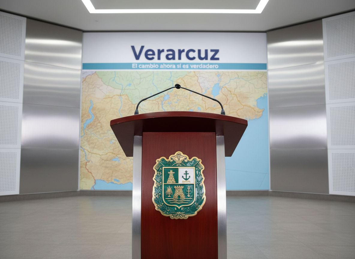 A polished wooden podium adorned with the official coat of arms of Veracruz in rich emerald, gold, and white enamel, standing in front of a large, high-resolution map of the state in muted tones. The setting is a modern government press room with clean architectural lines, brushed metal accents, and a backdrop featuring the word “Veracruz” in bold, professional typography and the slogan “El cambio ahora sí es verdadero” subtly integrated. Soft, even studio lighting illuminates the podium and emblem, casting delicate, controlled shadows, while the background remains slightly blurred. Captured at eye level with photographic realism, the composition centers the podium, conveying institutional seriousness, transparency, and a sense of orderly, modern public administration without any human presence.