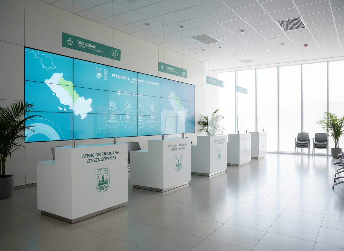 An interior of a modern citizen service center in Veracruz, completely empty of people yet visibly active in design. Sleek service counters with clear bilingual signage are arranged in a clean linear layout, each station marked with the Veracruz emblem in subtle, tasteful color. Digital information screens on the walls display simplified maps, icons of public services, and a short version of the motto “El cambio ahora sí es verdadero.” Large windows allow bright, diffused daylight to fill the space, creating soft reflections on the polished tile floor and matte-finish surfaces. Shot from an eye-level perspective with a wide lens, the photographic realism highlights transparency, accessibility, and order. The mood is calm, efficient, and welcoming, reinforcing a professional, citizen-focused political project.