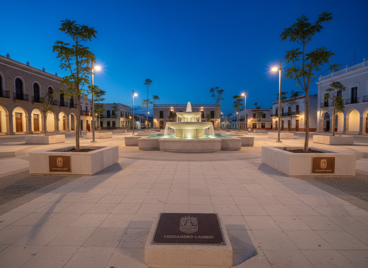 A dusk scene of a renovated public plaza in a mid-sized town in Veracruz, captured without any people, showcasing well-lit civic architecture and public infrastructure. The central focus is a modern fountain with clean geometric shapes in pale stone, surrounded by newly planted trees in raised beds and clear, accessible pathways. Discreet plaques bear the emblem of Veracruz and a slogan about verdadero cambio, engraved in a minimalist typeface. Warm, energy-efficient lampposts cast a golden, even light that contrasts with the deepening blue sky, while the façades of nearby municipal buildings glow softly. Shot at a slightly low angle to emphasize the plaza’s openness, with sharp focus throughout, the photographic realism and balanced composition communicate tangible, orderly progress and responsible public investment.