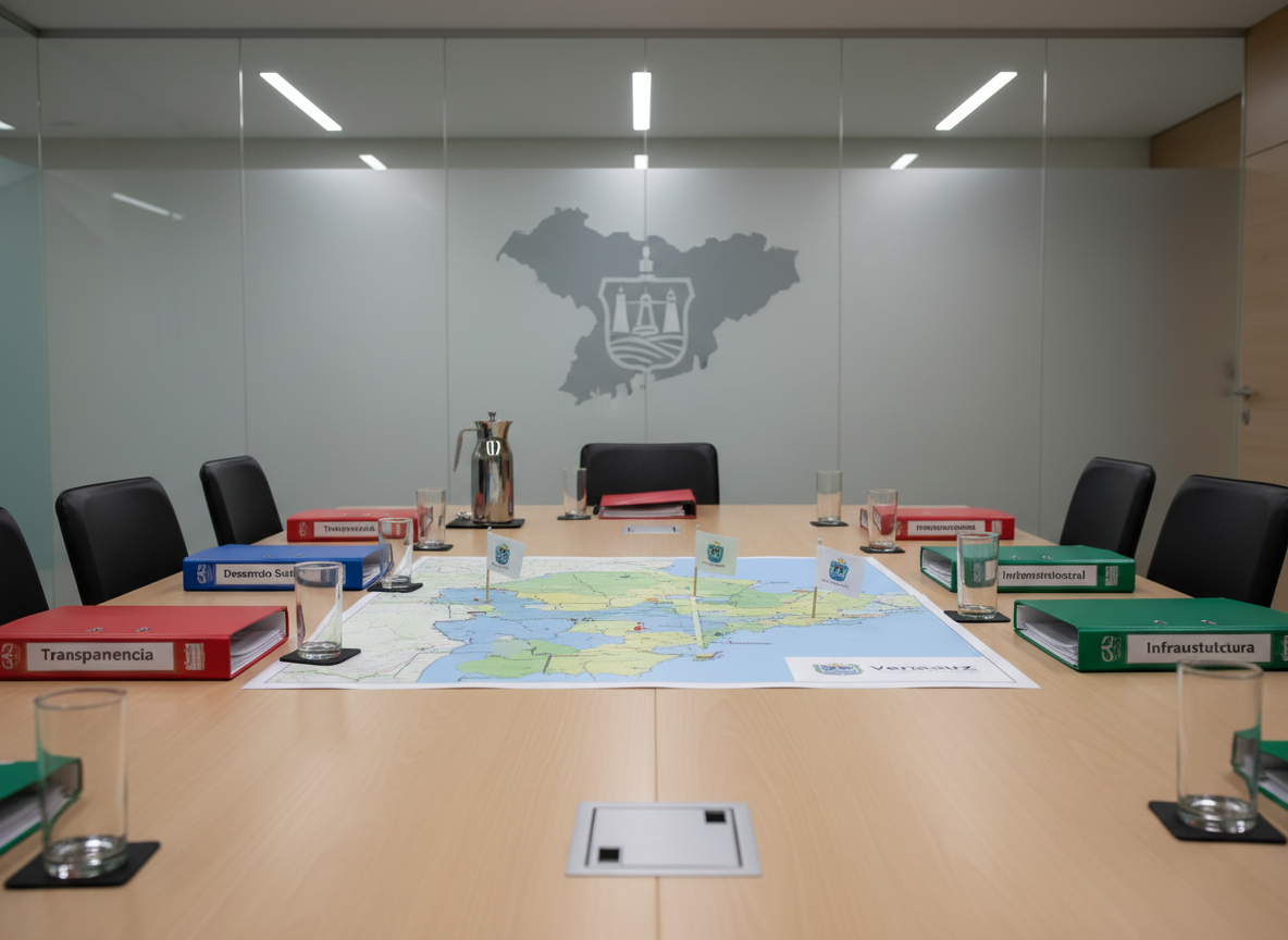 A meticulously organized meeting table in a modern government conference room in Veracruz, photographed without any chairs or people present. On the smooth, light-wood surface lie color-coded binders labeled with themes like “Transparencia”, “Desarrollo Social”, and “Infraestructura”, each bearing the Veracruz emblem. Between them, a large printed map of the state shows municipalities highlighted in different tones, with small flags marking priority regions. Soft, neutral ceiling lights evenly illuminate the table, creating subtle reflections on a glass water carafe and metallic binder rings. The background features a glass wall with a frosted outline of the state of Veracruz, rendered in a clean, institutional style. Shot at table height with moderate depth of field in photographic realism, the composition feels orderly, pragmatic, and focused on structured political change.