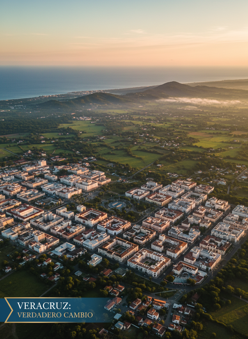 A sweeping aerial view of the Veracruz coastline at sunrise, with the city’s urban grid transitioning into lush green rural landscapes and the deep turquoise Gulf of Mexico extending to the horizon. Key government buildings and civic plazas are visible as clean, well-maintained structures with neutral façades and orderly streets radiating out. Golden morning light bathes the scene, picking out rooftops and casting long, soft shadows, while a light mist softens distant hills. Shot in photographic realism from a high, slightly angled perspective, the composition emphasizes the scale and diversity of the territory. The mood is hopeful and forward-looking, suggesting a state ready for verdadero cambio, with a calm, professional atmosphere suitable for an institutional political site.