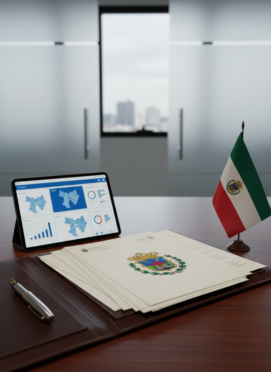A close-up, photographic image of an open leather-bound folder on a dark wood desk, displaying neatly arranged public policy documents stamped with the emblem of Veracruz in precise color. Beside the folder lies a high-quality metal fountain pen, a slim tablet showing a clean data dashboard with maps of municipalities, and a small flag of Veracruz folded on a stand. The office setting is modern and minimalist, with frosted glass walls and a muted cityscape visible in soft focus through a window. Cool, diffused daylight from the side creates gentle reflections on the pen and tablet screen, while keeping text-readable surfaces evenly lit. Captured from a slightly elevated angle with shallow depth of field, the scene conveys seriousness, planning, and professional, transparent governance without depicting any people.