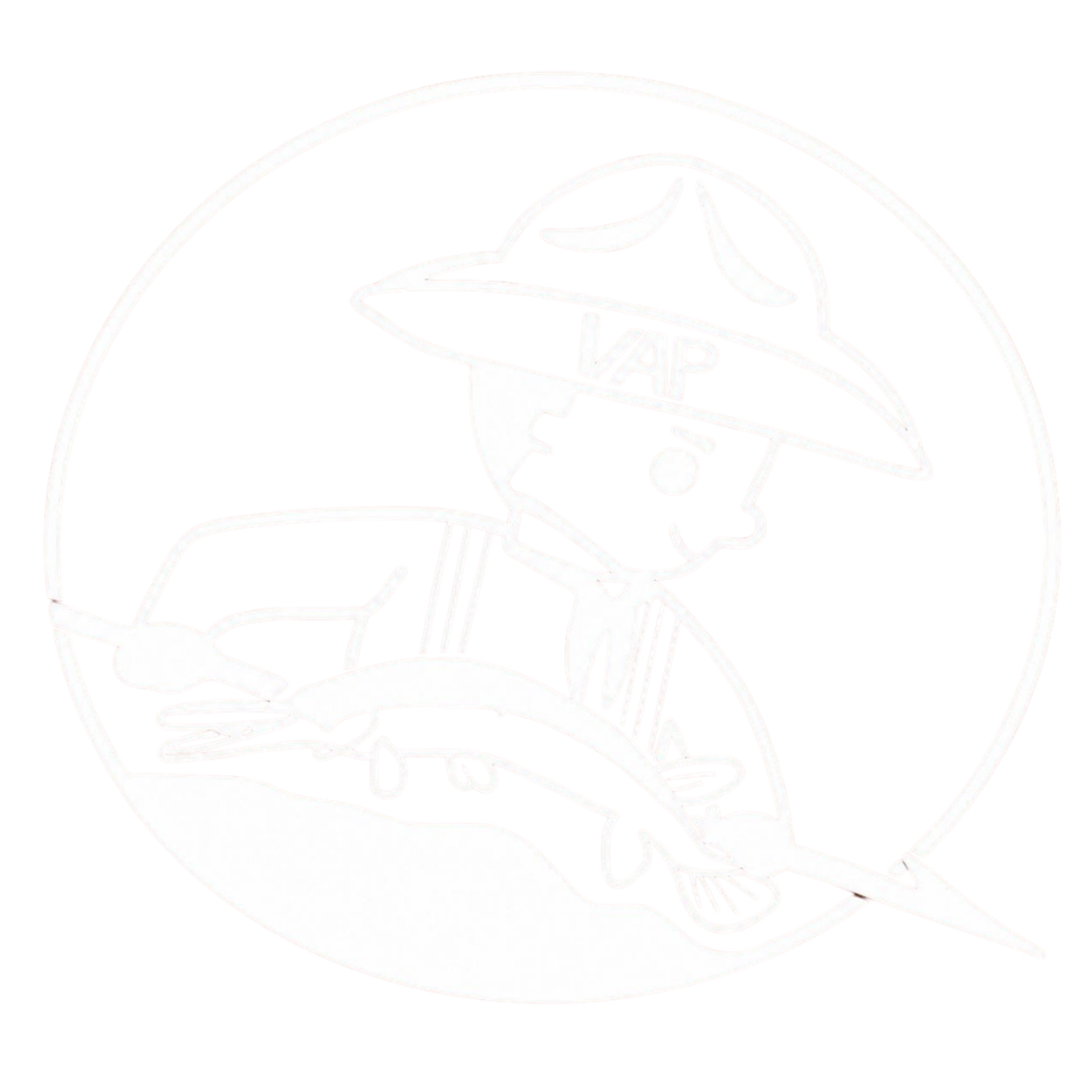 The image is a faint outline of a cartoon character in a circle, with a hat and a bow tie, and appears to be holding an ob...